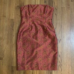 David Meister Strapless Pink and Bronze Brocade Sheath Dress Sz 12